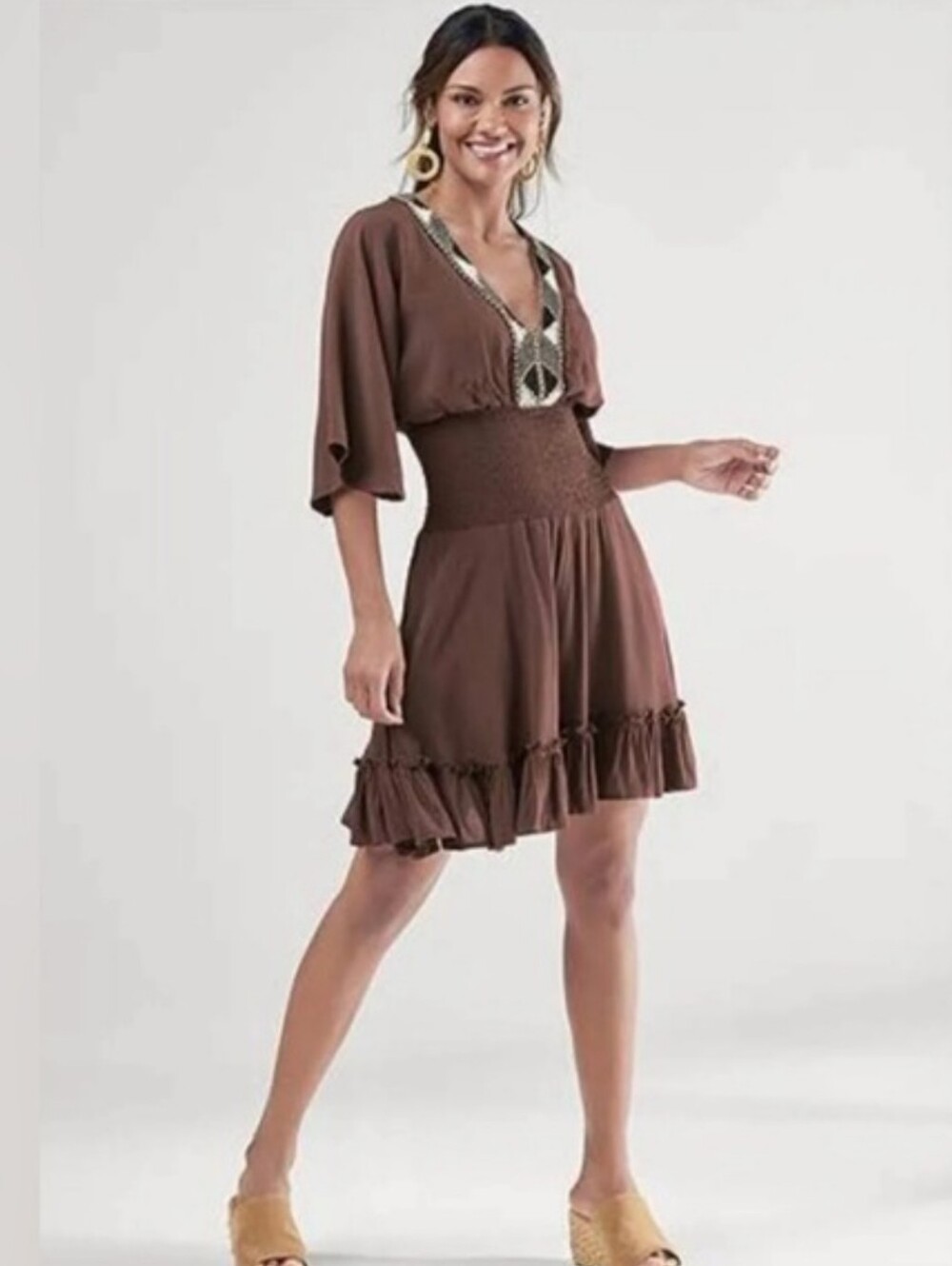 Venus Bohemian Brown V-Neck Embellished Midi Dress_M